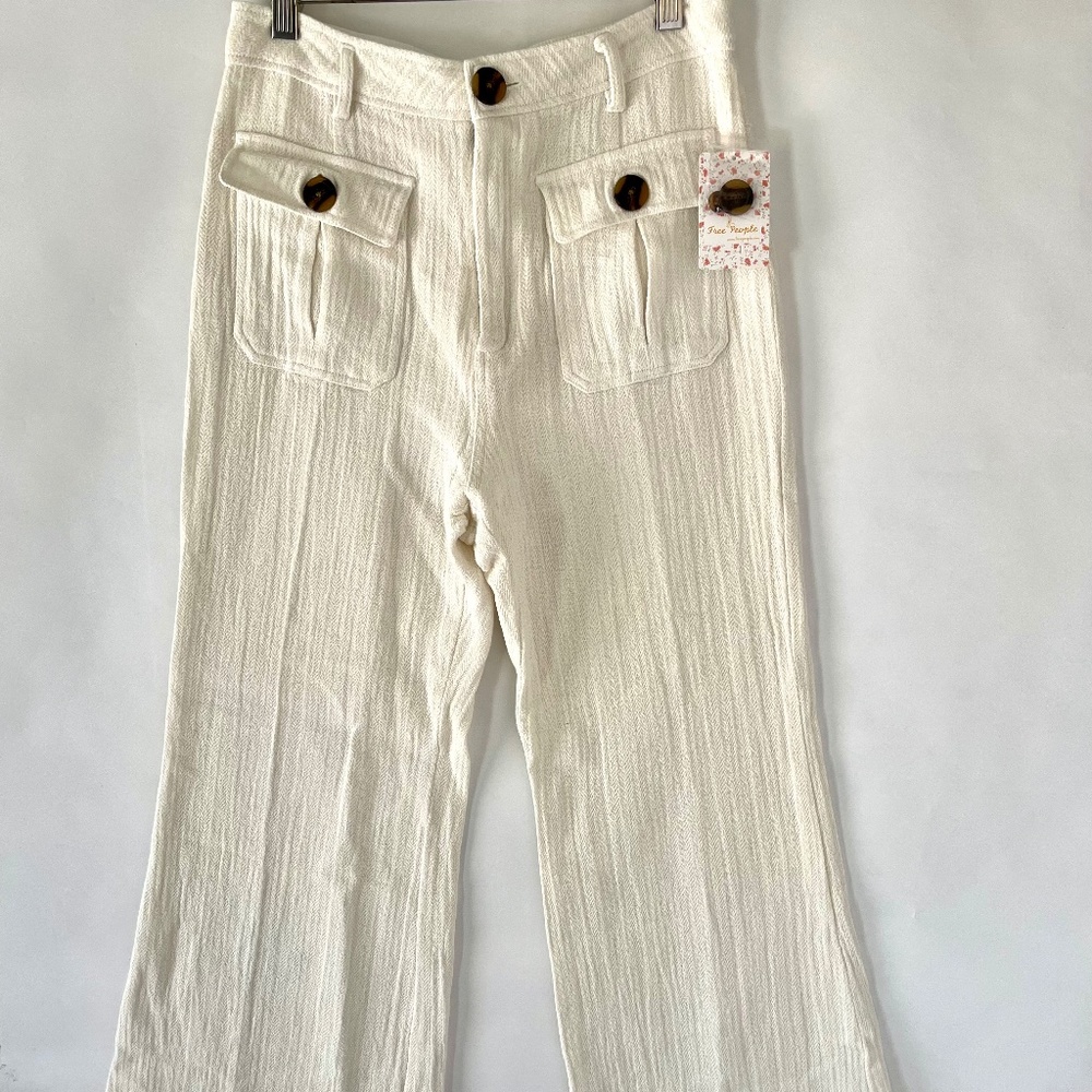 Free People Ivory Linen/Cotton Flare Leg Pants